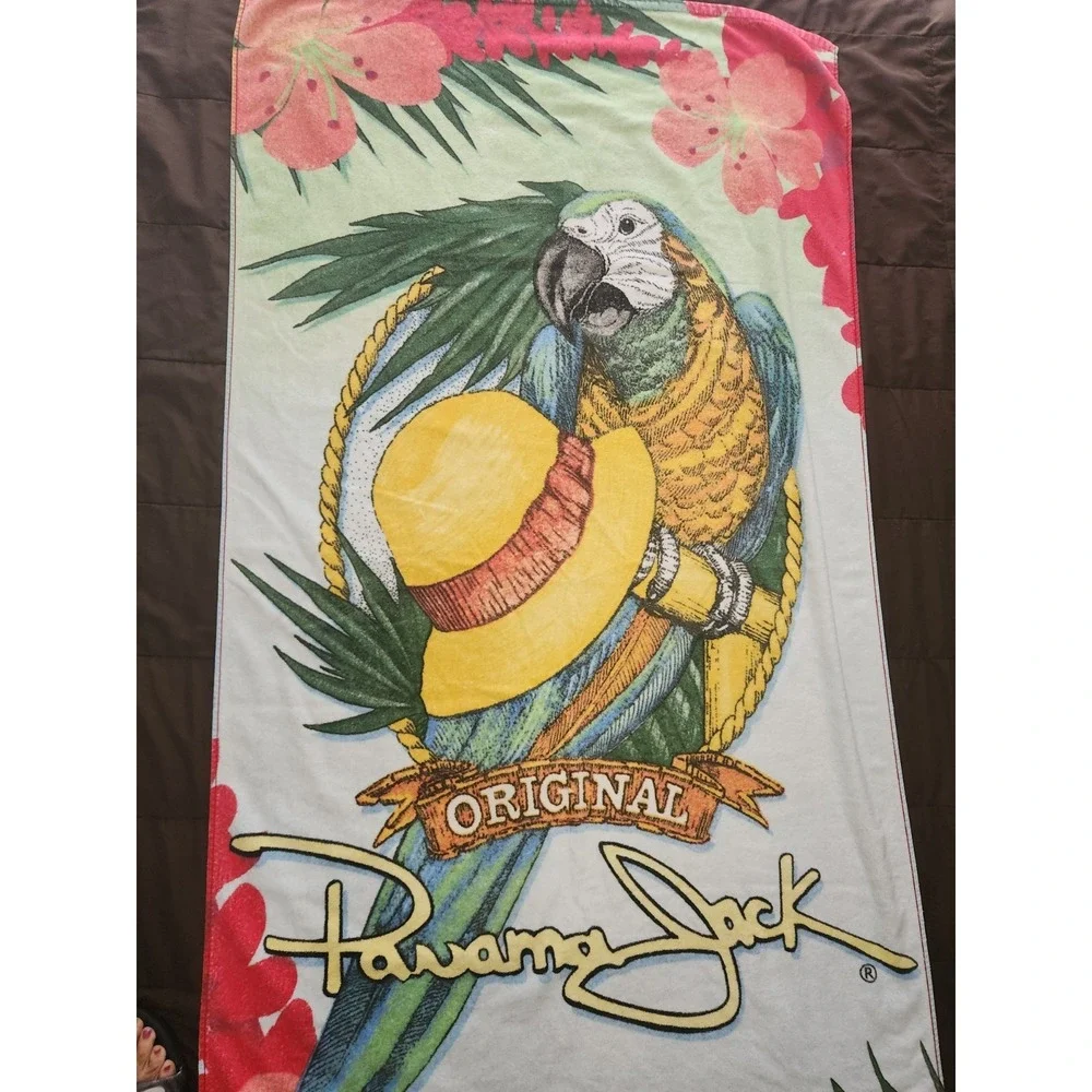 Vintage Panama Jack beach towel featuring a parrot and a straw hat 60 x 31